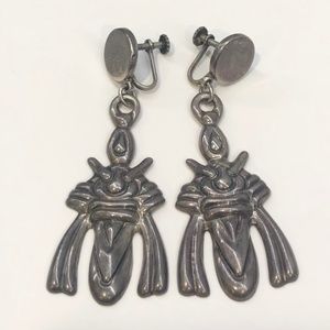 Vintage Early Mexico Silver Repousse Screw Back Drop Dangle Earrings.